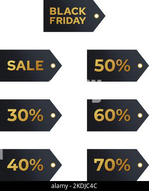 Etichette di vendita del black friday. Codici sconto lettere dorate su fondo scuro collezione. Modello realistico di adesivi Vector Set con grandi offerte. Illustrazione Vettoriale