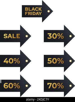 Etichette di vendita del black friday. Codici sconto lettere dorate su fondo scuro collezione. Modello realistico di adesivi Vector Set con grandi offerte. Illustrazione Vettoriale