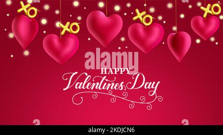 Disegno di sfondo vettoriale di San Valentino. Buon testo di San Valentino con cuori appesi e bokeh luci decorazione per il saluto di San Valentino. Illustrazione Vettoriale