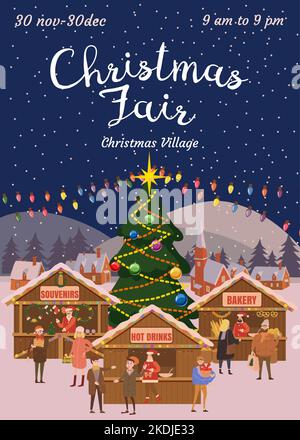 Poster della Fiera di Natale. Biglietto di Natale con albero di Natale decorato Illustrazione Vettoriale