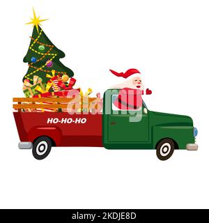 Divertente Babbo Natale guida una vecchia auto retrò, camion Illustrazione Vettoriale