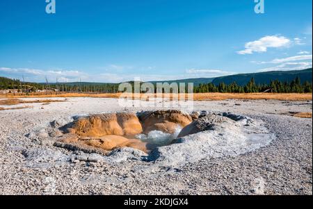 Vista della sorgente delle conchiglie nel bacino del biscotto con il cielo sullo sfondo del parco di Yellowstone Foto Stock