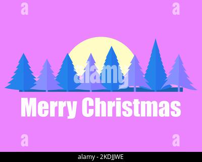 Alberi di Natale in uno stile piatto su uno sfondo rosa. Paesaggio con alberi di Natale sullo sfondo del sole. Biglietto d'auguri di Natale 80s Styl Illustrazione Vettoriale