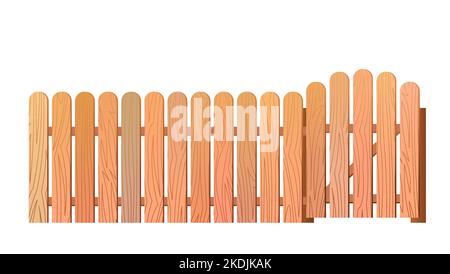 Nuova recinzione in legno non dipinta fatta di tavole e recinzione per picket. Isolato su sfondo bianco Vector. Illustrazione Vettoriale