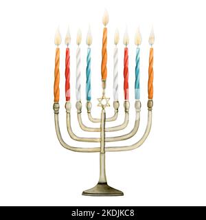 Acquerello Menorah Hanukkah con candele illustrazione per Chanukkah biglietti d'auguri e disegni ebraica tradizionale vacanza invernale, hunukkiya disegnato a mano Foto Stock