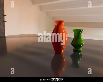 3D rendering - ci sono due vasi di fiori di forme e colori diversi sul tavolo. Foto Stock