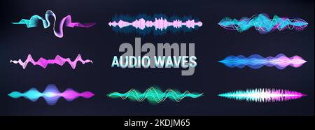 Visualizzazione musica equalizzatore, set futuristico di onde sonore Illustrazione Vettoriale