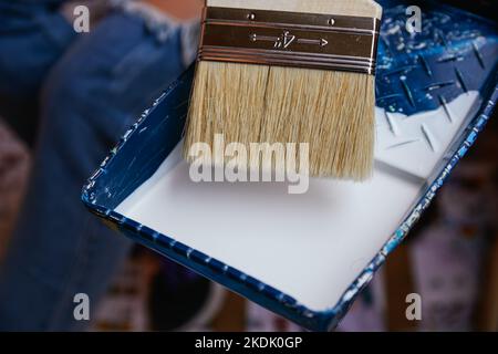 Primo piano mani irriconoscibili della donna con guanti viola che prendono la vernice con un pennello in un vassoio riforme Foto Stock