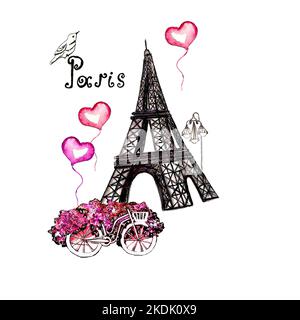 Acquerello disegnato a mano vintage Parigi Illustrations.Romantic, San Valentino.disegno disegnato a mano doodle sketch,Love composizione rosa collezioni.retro cartolina Foto Stock