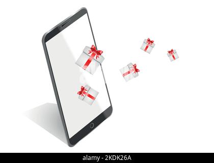 Shopping online Illustrazione, pagamento online e concetto di e-commerce con elementi galleggianti. Vendita online, confezione regalo, sconto, shopping card, mobile Illustrazione Vettoriale