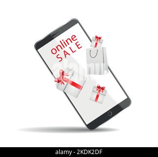 Shopping online Illustrazione, pagamento online e concetto di e-commerce con elementi galleggianti. Vendita online, confezione regalo, sconto, shopping card, mobile Illustrazione Vettoriale