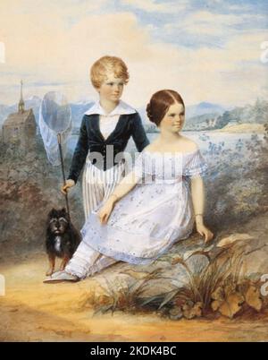 IMPERATRICE ELISABETTA D'AUSTRIA (1837-1898) con suo fratello Karl Theodor, Duca di Baviera e il loro cane Bummerl al castello di Possenhofen nel 1848. Foto Stock