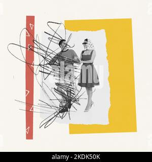 Collage d'arte contemporanea. Ritratto di giovane coppia elegante. Uomo dipinto con pastello. Rottura, fine dell'amore Foto Stock