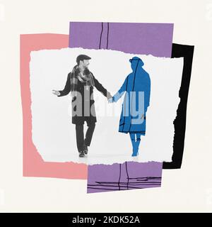Collage d'arte contemporanea. Ritratto di giovane uomo che cammina con la silhouette femminile simbolizzando la rottura con la fidanzata Foto Stock