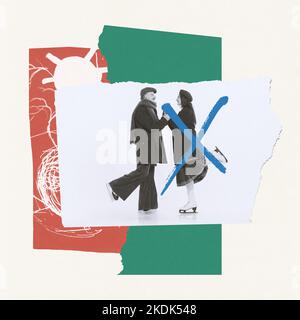 Collage d'arte contemporanea. Ritratto di giovane si sentono felici. Donna sbarrata. Fine del rapporto. Disperazione Foto Stock