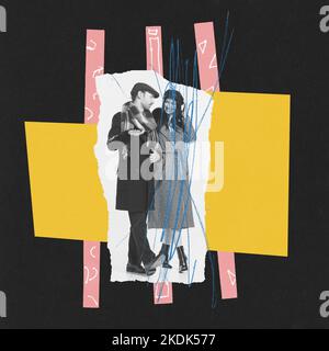 Collage d'arte contemporanea. Ritratto di giovane coppia che cammina insieme. Donna dipinta con pastello. Rottura, fine dell'amore Foto Stock