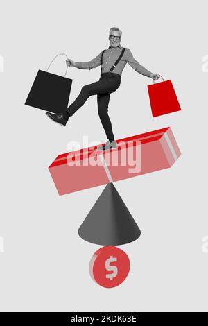 Foto creativa 3D collage di un uomo d'affari elegante stand su pile figure geometriche shopping fresco isolato su sfondo pittura Foto Stock