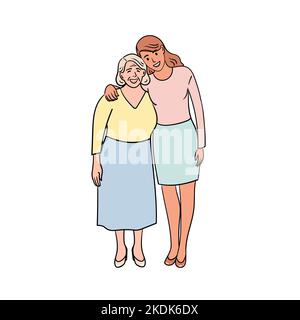 Figlia e madre. Giovane donna che abbraccia la sua famiglia in piedi insieme. Illustrazione piatta del vettore cartoon su sfondo bianco. Illustrazione Vettoriale