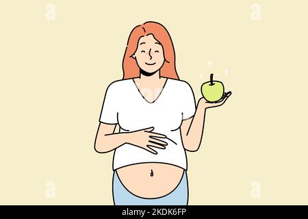 Donna incinta sorridente con mela. Vettore sorridente giovane donna incinta che tiene mela raccomandare una dieta sana. Felice femmina seguire gravidanza nutrizione mangiare frutti. Illustrazione vettoriale. Illustrazione Vettoriale