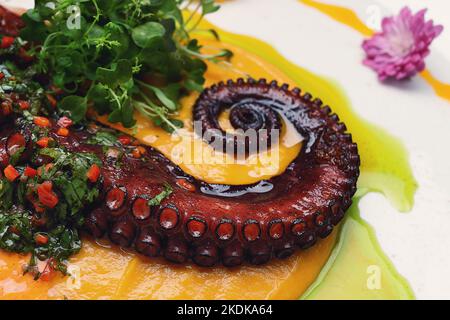 Tentacolo di polipo alla griglia, in salsa e con erbe aromatiche, su fondo bianco Foto Stock