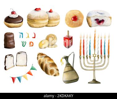 Set di illustrazioni acquerello Hanukkah. Disegnato a mano e isolato su sfondo bianco. Ciambelle ebraiche, menorah, candele, dreidel, calah, monete, let ebraico Foto Stock