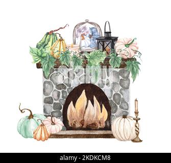 Caminetto acquerello con decorazioni in zucca. Raccolta zucca e fiori disposizione in stile rustico. Ringraziamento. Camino autunnale. Foto Stock