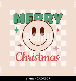 Buon Natale frase e vacanza citazione in stile groovy retro 1970s su sfondo a scacchi. Illustrazione vettoriale. Illustrazione Vettoriale