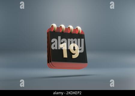 Calendario da tavolo in piedi nero e rosso mese con data 19. Design moderno con elementi dorati, illustrazione in 3D. Sfondo grigio blu. Foto Stock