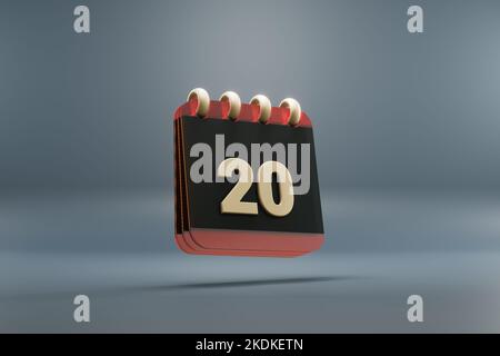 Calendario da tavolo in piedi nero e rosso mese con data 20. Design moderno con elementi dorati, illustrazione in 3D. Sfondo grigio blu. Foto Stock