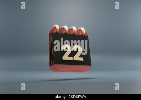 Calendario da tavolo in piedi nero e rosso mese con data 22. Design moderno con elementi dorati, illustrazione in 3D. Sfondo grigio blu. Foto Stock
