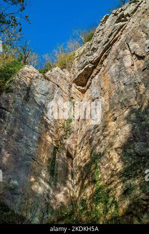 Alte scogliere calcaree, in parte arruffate, con ingressi nelle grotte e ingressi artificiali per le miniere di piombo, a Middleton Dale, Stoney Middleton, Peak District. Foto Stock