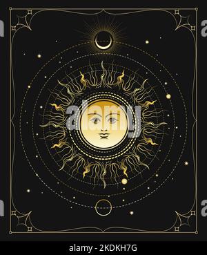 Simbolo del Sole con fasi lunari e stelle Emblem esoterico astrologico isolato su sfondo nero. Illustrazione vettoriale Illustrazione Vettoriale