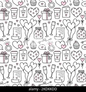 Motivo perfetto per San Valentino con cuori, palloncini, regali, champagne, lettere d'amore. Disegno vettoriale a mano doodle illustrazione. Illustrazione Vettoriale