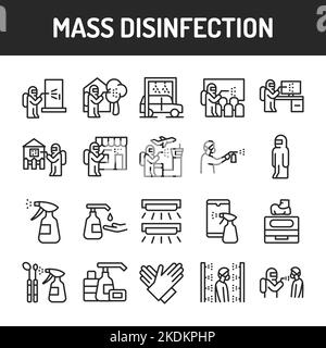 Set di icone della linea di colori per disinfezione di massa. Elemento vettoriale isolato. Illustrazione Vettoriale