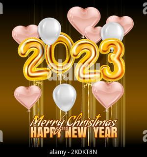 2023 palloncini con numeri dorati, buon Natale e Felice anno nuovo 2023 banner Illustrazione Vettoriale