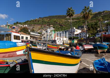 Barche da pesca a Baía de Câmara de Lobos, Camara de Lobos, Madeira, Portogallo, Foto Stock