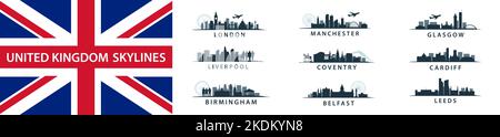 UK Cities Collection, skyline in silhouette vettoriali, destinazioni inglesi come Londra, Leeds, Coventry, Birmingham, Liverpool, , Belfast, Cardiff Illustrazione Vettoriale