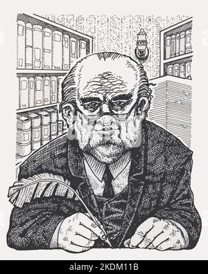 Penna e inchiostro bianco e nero disegno di avvocato maturo nelle sue camere, la scrittura con una penna a penna, l'arte ispirata da Dickens 'Tulkinghorn da Blak House Foto Stock