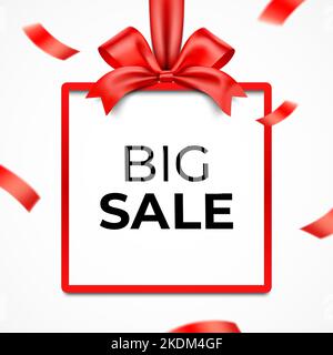 Cornice giftbox rossa con nastro in raso esploso e testo DI VENDITA SU sfondo bianco. Vendita Natale carta disegno vettoriale. Illustrazione Vettoriale