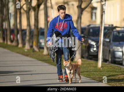 Giovane uomo che cammina il suo cane in Piazza del Re Tomislav (Trg Kralja Tomislava) durante l'inverno. Zagabria, Croazia Foto Stock