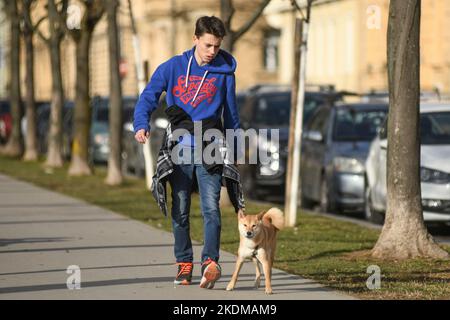 Giovane uomo che cammina il suo cane in Piazza del Re Tomislav (Trg Kralja Tomislava) durante l'inverno. Zagabria, Croazia Foto Stock