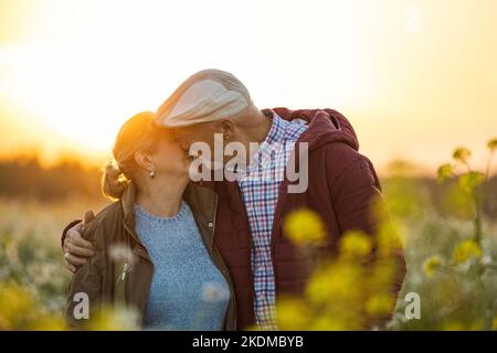 Coppia anziana in un campo in autunno al tramonto Foto Stock