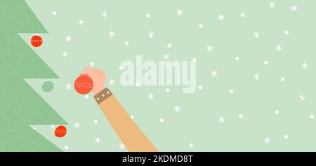 Un uomo appende una palla giocattolo su un albero di Natale. Bella sfondo di Natale festivo Illustrazione Vettoriale