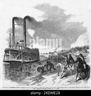 La Guerra sul Mississippi - attacco improvviso e audace da parte dei guerriglieri Rebel, guidati dal Capitano Talbot, sulla Parrocchia dell'Impero dello zucchero a vapore, all'atterraggio, 44 miglia sotto Baton Rouge. Gennaio 1863. Illustrazione della guerra civile americana del 19th° secolo dal quotidiano illustrato di Frank Leslie Foto Stock