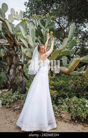 Immagine divertente della sposa raggiungere per Prickly Pear Cactus frutta in un giardino Foto Stock