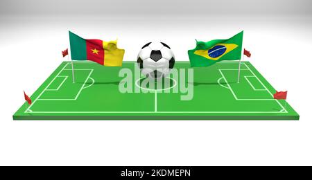 Partita di calcio Camerun vs Brasile Coppa del mondo FIFA Qatar 2022, campo di calcio, 3D lavoro e 3D immagine, Yerevan, Armenia - 2022 novembre 07 Foto Stock