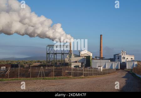 Emissioni di gas della fabbrica di olio d'oliva a Tierra de Barros, Estremadura, Spagna Foto Stock