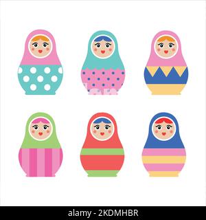 Matryoshka, bambola tradizionale russa. Set grafico di bambole nesting colorate Illustrazione Vettoriale