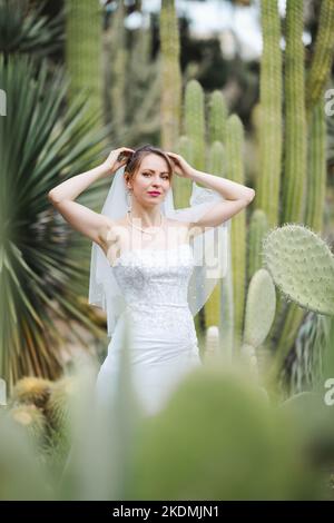 Sposa circondata da piante di Cactus in un giardino nel tardo pomeriggio Foto Stock