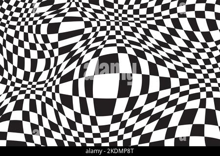 Astratto sfondo a scacchi in bianco e nero. Pattern geometrico con effetto di distorsione visiva. Illustrazione Vettoriale